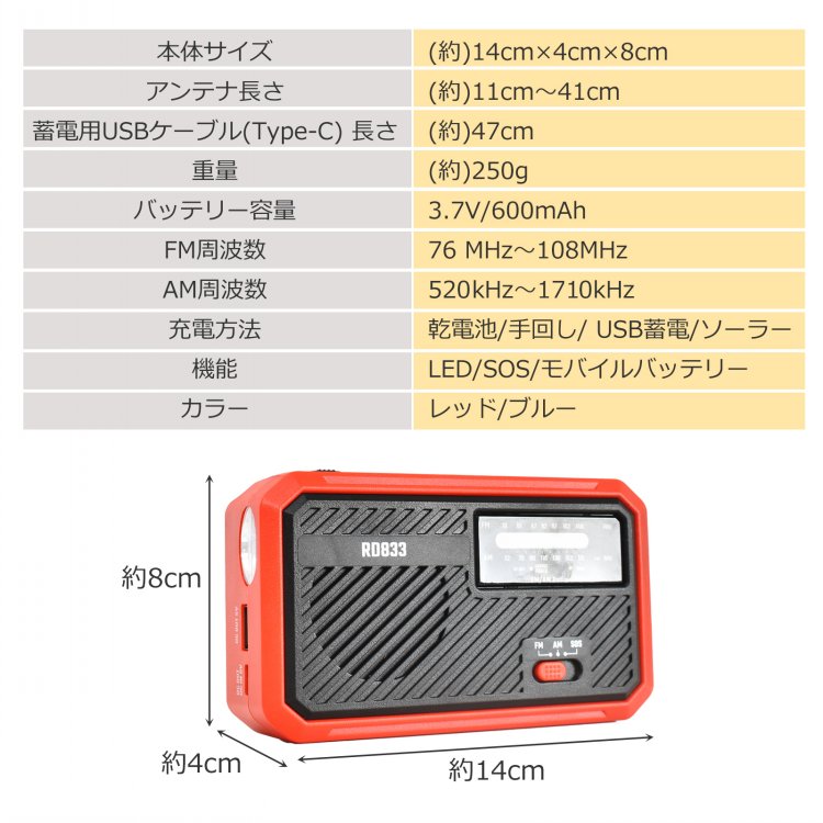 多機能防災ラジオ AM/FM対応 4WAY充電 LEDライト SOS機能 スマホ充電 モバイルバッテリー 乾電池 USB充電 手回し充電 ソーラー充電 防災グッズ 地震 台風 津波 火災 停電時 災害用 sg157 - 画像 (9)