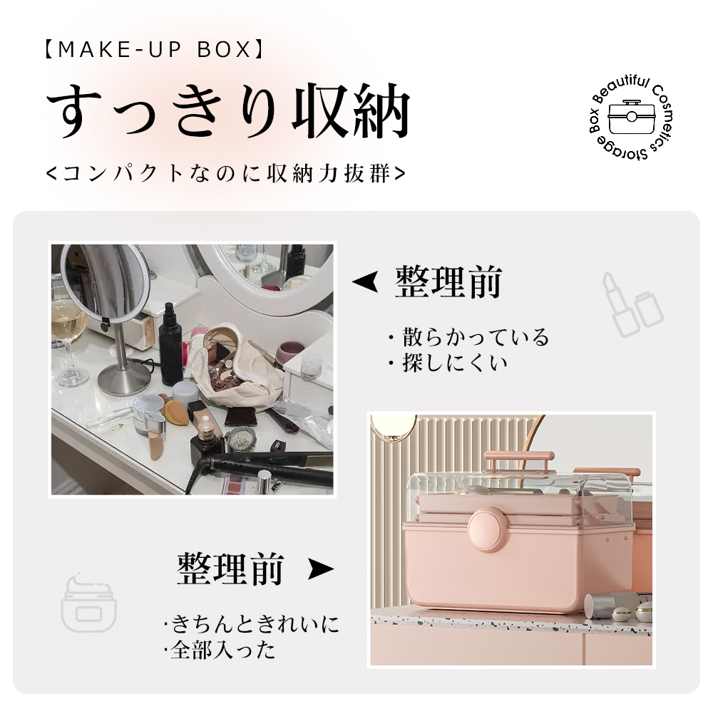 コスメバック メイクバック化粧品 収納 おしゃれ 大容量 メイクボックス 道具 美容 コスメ 収納ケース 化粧入れ プレゼント 持ち運び 卓上 小物入れ 可愛い S-10 - 画像 (2)