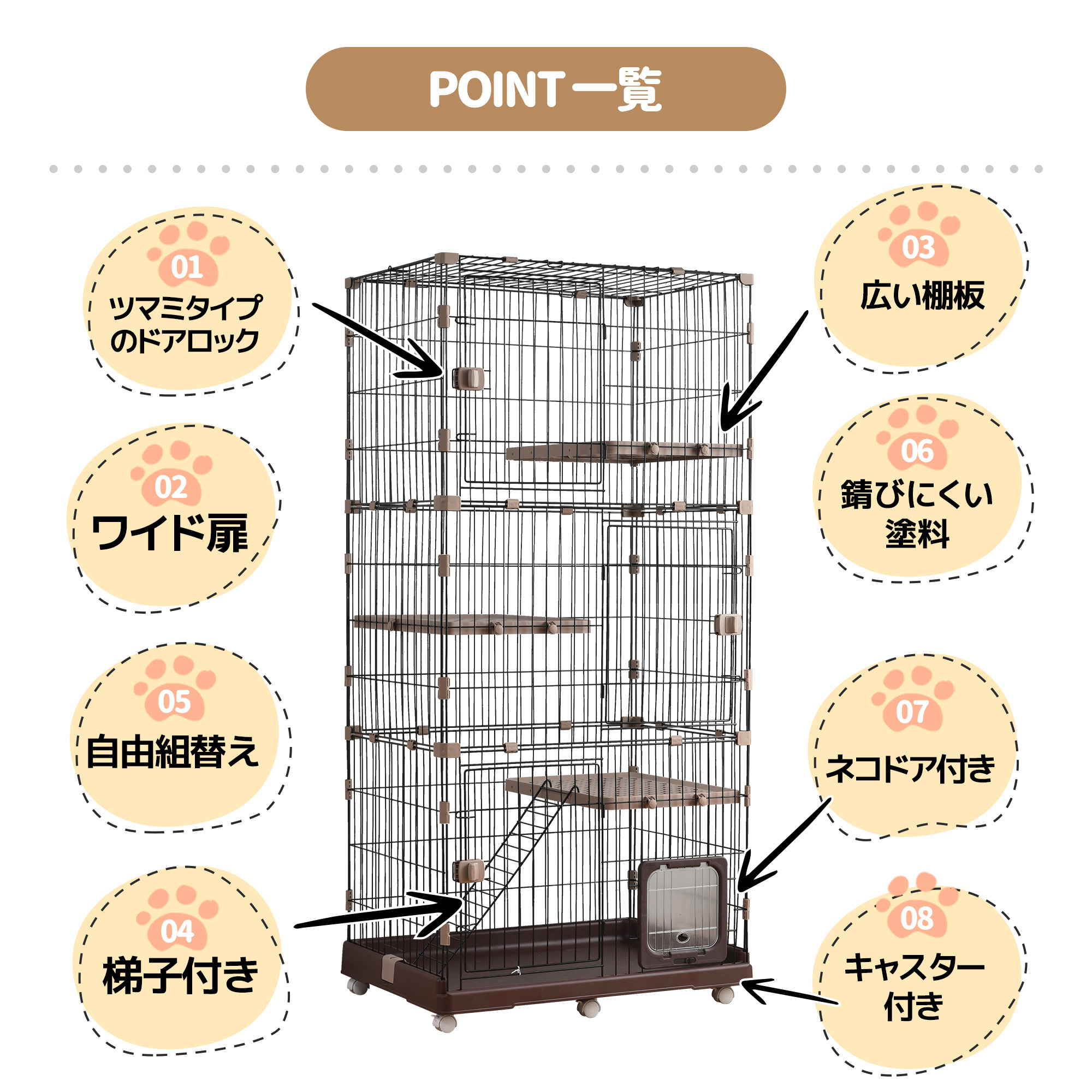 猫 ケージ 収納型 キャットケージ 3段 1段2段可能 キャスター付 キャットハウス 【ベージュ】TX290591AAA - 画像 (2)